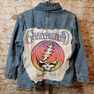 Upcycled Grateful Dead Band Tee Denim Jean Jacket, large 3/4 length sleeves
